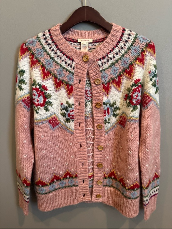 Sundance Sweaters - Sundance Cottage Rose Fair Isle Pink Wool Button Down Knit Cardigan Small
